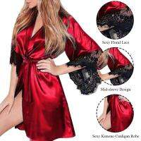 ZZOOI Female Transparent Bathrobes Lace Patchwork Nightgown Soft Silk Dressing Robe Women Sleepwear Sexy V Neck Cardigan Wedding Gown