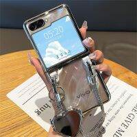 Annisoul SHOP กระจกสายข้อมือโลหะหัวใจ3D เกาหลีสุดหรู,Zflip5เคสสำหรับ Galaxy ใสมีสายโซ่ Flip5 5ก. Z ฝา Zflip5 Flip5ใส