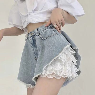 Summer Sexy Denim Shorts Women Harajuku Y2k Lace Two Piece High Waist Jeans Fashion Streetwear Female Chic Wide Legs Short Pants