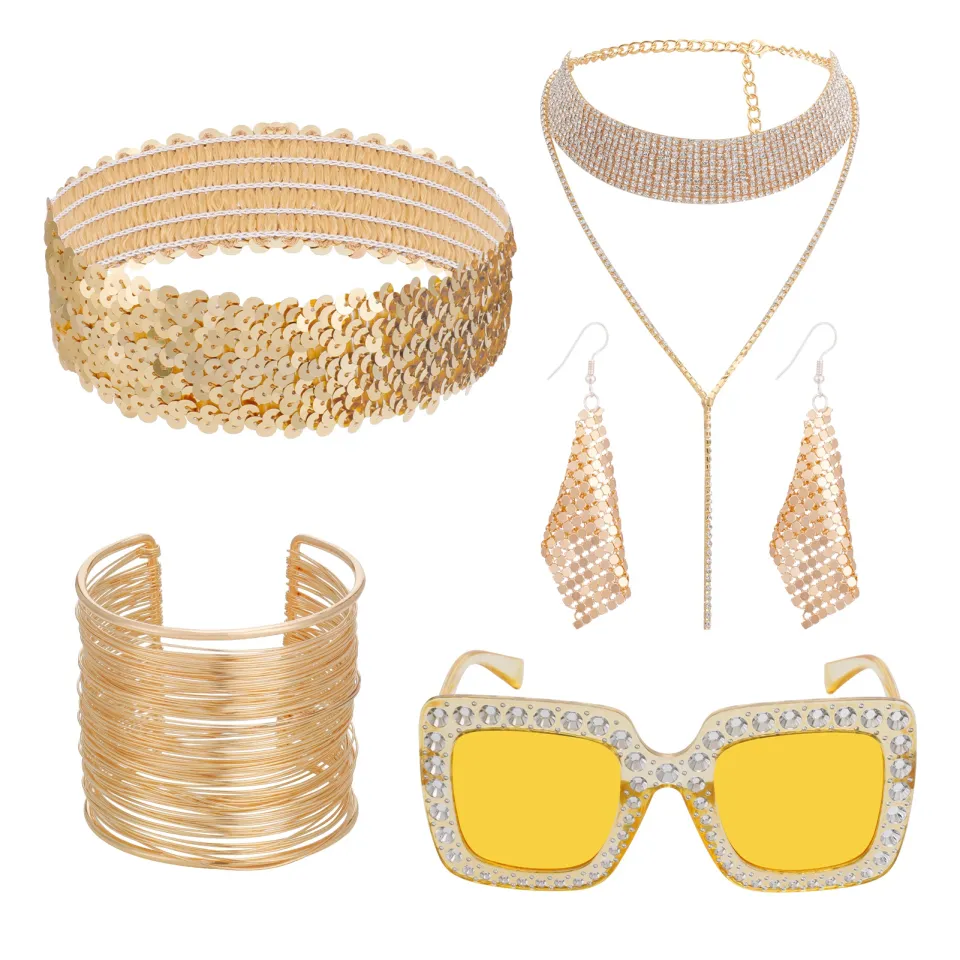 5 Pieces 70s Retro Disco Accessories Set Oversize Square Sparkling  Sunglasses Rhinestone Choker Bling Headband Cuff Bangle Bracelet Drop  Dangle Earring