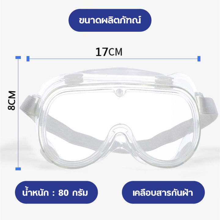 แว่นครอบตานิรภัย-วัสดุโพลีคาร์บอเนต-เลนส์ใส-ป้องกันฝุ่นละออง-กันสะเก็ด-ไอระเหยสารเคมี-ปลอดภัย