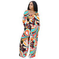 CM.YAYA Women Jumpsuit Print Full Sleeve Stretchy Back Zip Wide Leg Jumpsuits with Pockets Fashion Casual Outfits Spring Fall