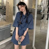 HOT14★Vintage Matching Sets Turn Down Collar Three Quarter Sleeve Top High Waist Pockets Shorts Solid Color Summer Denim Two Piece Set