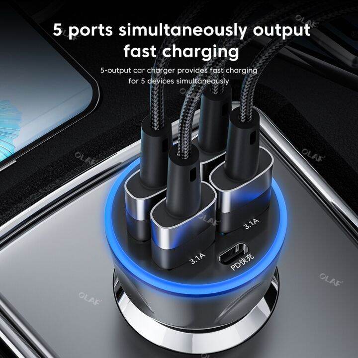 250w-5ports-car-r-จอแสดงผลแอลอีดีชาร์จเร็ว-qc3-0-pd-usb-c-โทรศัพท์ในรถยนต์-r-สำหรับ14-13-samsung-อะแดปเตอร์-type-c-ในรถ