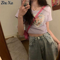 Zhu Xia เสื้อยืดแขนสั้นสลิมผู้หญิงเวอร์ชั่นภาษาเกาหลีเสื้อเอวลอยนักเรียนเอวสูงน้ำขึ้นน้ำลง