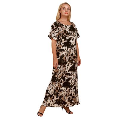 รอบคอผู้หญิง Maxi Dress กระพือแขนสั้นขนาดใหญ่หลวม Flowy Colorblock หมึกพิมพ์ Casual Beach Long Gown