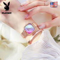 PLAYBOYนาฬิกาทรงสี่เหลี่ยมรุ่น2023สำหรับผู้หญิง,หน้าปัดสีรุ้งนำโชคกันน้ำสายโรสโกลด์สไตล์มิลาเนส