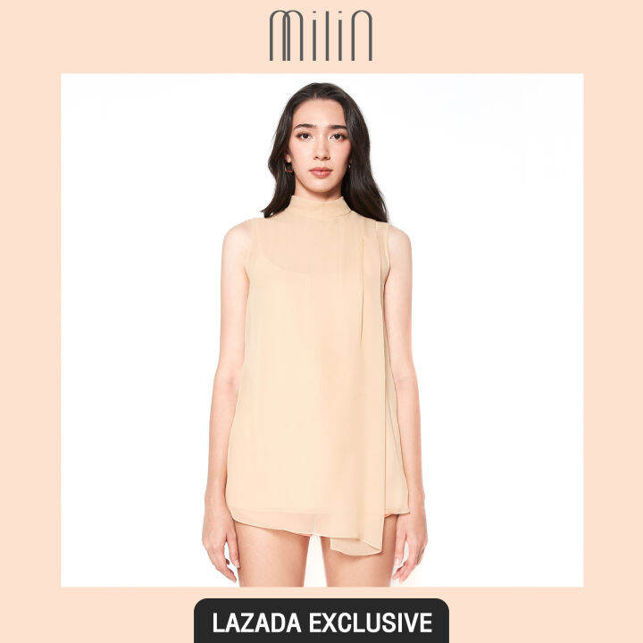 exclusive-milin-sheer-chiffon-ribbon-on-shoulder-high-neck-sleeveless-tunic-เสื้อแขนกุด-คอสูง-ทรงปล่อย-ดีเทลสายยาวบริเวณไหล่-ผ้าชีฟอง-villa-top