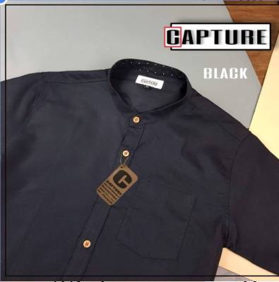 Capture Shirt เสื้อเชิ้ตผู้ชาย คอจีน แขนสั้น oxford สีดำ มีถึงอก 48 นิ้ว