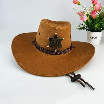 หมวกคาวบอยตะวันตก Retro Sheriff Cap ครีมกันแดดพร้อมหมวกเชือกลมชายและหญิงขี่ม้าท่องเที่ยวตกปลาหมวกกันแดด¤
