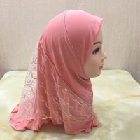 【CW】 H084 beautiful girl amira hijab with net layer fit 2-6 years old kids pull on islamic scarf head wrap