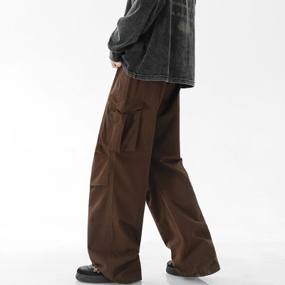 Japanese Retro Coffee Cargo Pants Mens Plicated Straight Tube Cityboy Pant Fashion Streetwear Vintage Mopping Trousers White