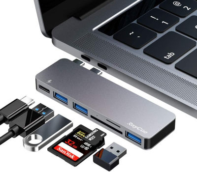 RayCue USB C Hub, 6 in 1 Aluminium Type C Hub Adapter, อุปกรณ์เสริม MacBook Pro 2020 พร้อมพอร์ต USB 3.0 3 พอร์ต, เครื่องอ่านการ์ด TF / SD, USB-C Power Delivery สำหรับ MacBook Pro 13″ และ 15″ 2016-2019, MacBook Air 2018 พ.ศ. 2562