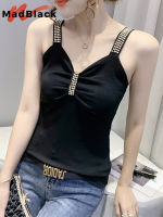 MadBlack ฤดูร้อนยุโรปเสื้อผ้าผ้าฝ้าย Camis เซ็กซี่คอวี Draped เก๋เงา Rivet ผู้หญิงท็อปส์แขนกุด Bottoming เสื้อ T25609L