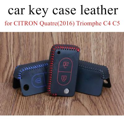 ◄ Only Red Genuine leather car key case cover Hand sewing DIY car styling fit for CITRON 2 button Quatre(2016) Triomphe C4 C5
