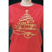 เสื้อยืดผ้าฝ้ายเสื้อยืดผ้าฝ้าย เสื้อยืดคริสต์มาสGold ️ Merry Christmas Tree Red T-shirt