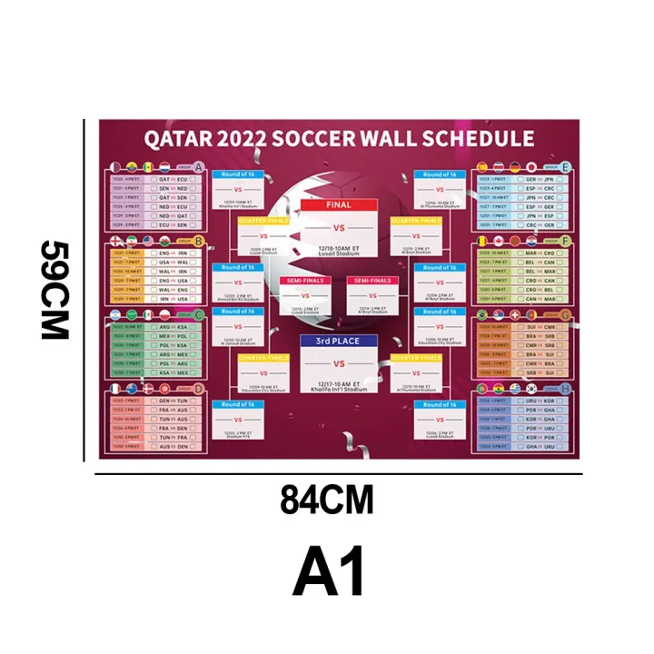 2022 World Cup Schedule Champions Erasable Football UK Time Wall Chart