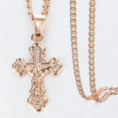 【CW】Cross Crucifix Clear Crystal Pendant Necklace for Men Women Gold Color Chain 585 Prayer Jesus Snail Link Chain Jewelry GPM26