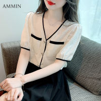 AMMIN เสื้อชีฟองลูกไม้แขนสั้นผู้หญิง,เสื้อคอวีสีชนกันเสื้อเก๋ไก๋ฤดูร้อนสไตล์เกาหลี