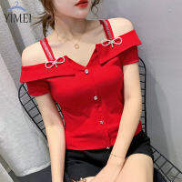 Airfyimei 2023ฤดูร้อนใหม่ One-line COLLAR เซ็กซี่ Off-The-Shoulder เสื้อยืดแฟชั่นผู้หญิงเสื้อแขนสั้นโบว์ตกแต่งผ้าฝ้ายสีแดงเสื้อ