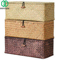 WHISM 3 Compartment Storage Box Wicker Rattan Basket With Cover Sundries Holder Case Container Jewelry Makeup Desktop Organizer