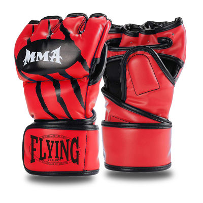 FLYING Half Finger Boxing Gloves PU Leather MMA Fighting Kick Boxing Gloves Karate Muay Thai Training Workout Gloves Men