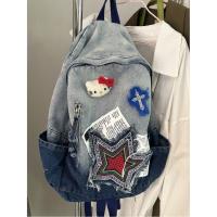 Hellokitty Denim Color Matching Backpack Hellokitty Y2k Sweet and Cute All match Schoolbag College Students Backpack for Women