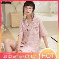 【YP】 Kawaii Enrugado Bolha Pijamas da Mulher Verão Mangas Curtas Cardigan Mulheres Conjuntos para Senhora