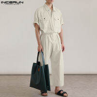 INCERUN Mens Cargo Pocket Jumpsuits Loose Belted Coveralls Romer (สไตล์เกาหลี)