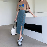 Summer Casual Blue Jeans Fringed Split Women Long Skirts Pants ashion High-waist Denim Long Skirts Vintage Lace-up