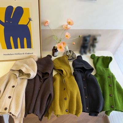 Children Knitted Sweaters Cardigan Autumn Winter Cute Solid Color Single-breasted Hooded Coat Baby Cardigan Boys Girls Sweaters