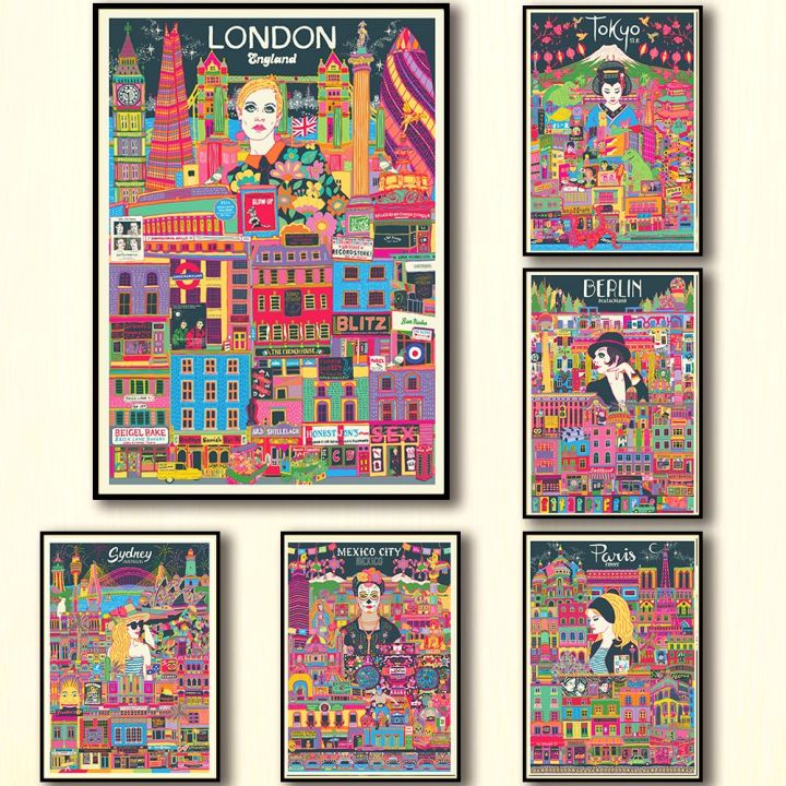 travel-poster-of-tokyo-london-และ-paris-city-skylines-ของขวัญวันเกิดในอุดมคติสำหรับการตกแต่งห้อง-kawaii-โปสเตอร์ผ้าใบพร้อมภาพประกอบสำหรับห้องนอน