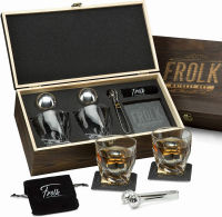 Frolk Premium Whiskey Stones Gift Set for Men - 2 King-Sized Chilling Stainless-Steel Whiskey Balls - 2 XL Whiskey Glasses, Slate Stone Coasters, Freezer Pouch &amp; Tongs - Luxury Set in Unique Pine Wood Box