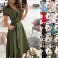 ▽ Office Lady Elegant Summer Short Sleeve Long Dress Women Casual V Neck Party Dresses Letter Print Pocket Dresses Beach Sundress