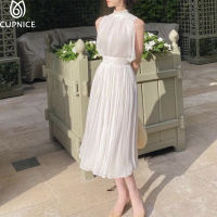 Cupnice 2022 Summer White Halter Sleeveless French Elegant Maxi Dress for Women Casual Chiffon Stickup Robe Fairy New Vestidos