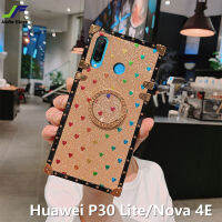 JieFieสำหรับHuawei P30 Lite / Huawei Nova 4Eแฟชั่นที่มีสีสันโทรศัพท์รูปหัวใจกรณีS HineเพชรTPUซิลิโคนสแควร์โทรศัพท์ปกหลังพร้อมขาตั้งพับ