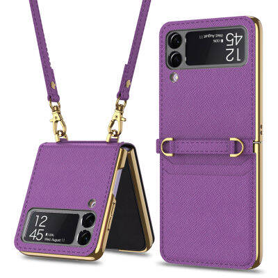 Fashion2023Luxury หนังช่องเสียบการ์ดสำหรับ Samsung Galaxy Z Flip 3 5G กรณีผู้หญิงไหล่ Crossbody กล้องป้องกัน Coque Funda