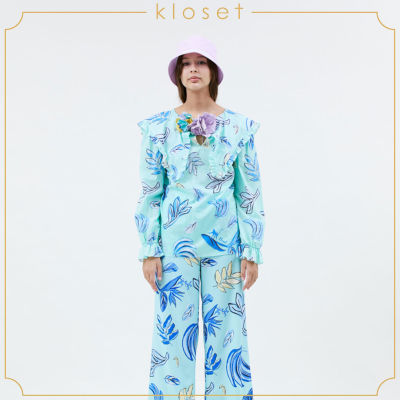 KLOSET  Collar Neck Havana Top (SS21-T015) เสื้อแขนยาว เสื้อคอปกใหญ่ เสื้อผ้าพิมพ์ เสื้อผ้าผู้หญิง เสื้อแฟชั่น