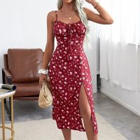 【CW】✲✣✻  New Floral Print Dresses for Spaghetti Boho Slit Beach Sundress Robe