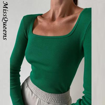 Y2K Square Neck Long Sleeve T Shirts Women Knitted Autumn Winter Black Ribbed Basic Top Female Sexy Casual Slim Shirt