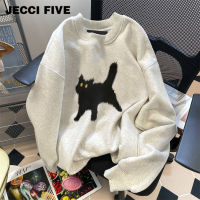 JECCIFIVE100 เสื้อสเวตเตอร์ผ้าฝ้ายพิมพ์ลายคู่รักชายหญิงฤดูใบไม้ร่วงและฤดูหนาวเสื้อทรงหลวมสไตล์ชิวๆ