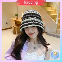 LIAOYING ลายทางสีรุ้ง หมวกชาวประมงหมวก ป้องกันรังสียูวี ชายคาใหญ่ หมวกฟางทรงถัง พับเก็บได้ ระบายอากาศได้ระบายอากาศ หมวกบัคเก็ตโครเชต์ ฤดูร้อนฤดูร้อนฤดูร้อน