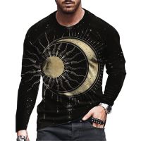 Vintgae Starry Sky Moon Print Summer Mens Round Neck T-shirt Casual Long Sleeve Oversized T Shirt Fashion Pullover Men Clothing