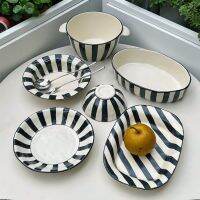 Black and White Stripe Personality Creative Plate Ceramic Plate Dish Breakfast Plate Household Soup Plate Tableware