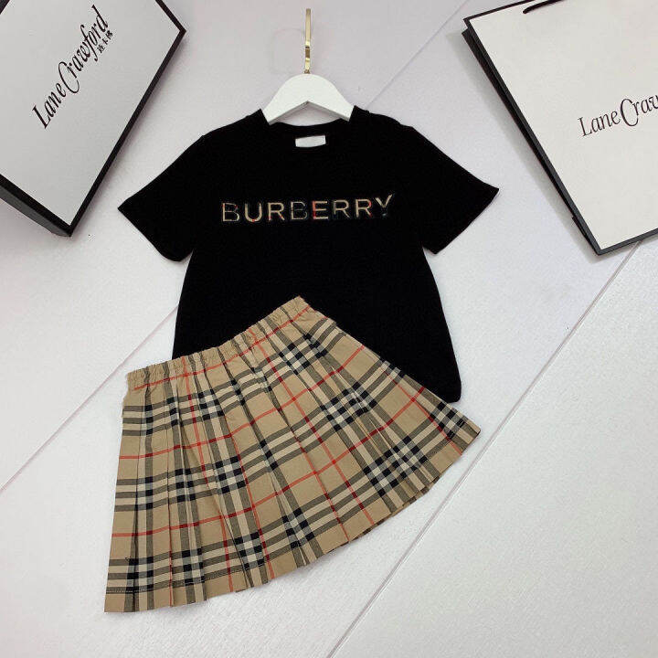 burberry-ฤดูร้อนคลาสสิกลายสก๊อตพิมพ์ชุดกระโปรงแขนสั้นสองชิ้นสไตล์ตะวันตกสาวอารมณ์ระดับไฮเอนด์