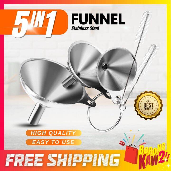 5 In 1 Funnel Stainless Steel Filter Funnel Oil Liquid Fluid Kitchen Tools Corong Besi Corong