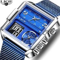 LIGE 2022 Square Electronic Digital Watches Mens Top Luxury Brand Waterproof Ultra-Thin Mesh Strap Quartz Sports Sport Alarm Wrist Watch Men + Box