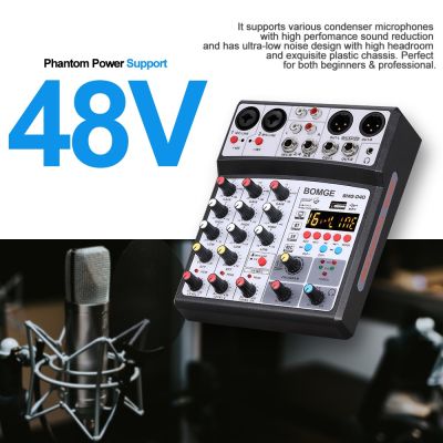 BOMGE 4Channel ช่อง ผสมสัญญาณเสียง รุ่น Sound Mixing Console with MP3 USB Bluetooth, stereo record, 48V phantom power, 5V power supply,16 DSP effects