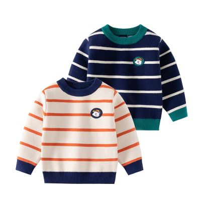 New 2023 Fall Winter Boys Striped Sweater with Bear Pattern Korean Style Kids Clothing Toddler Pullover