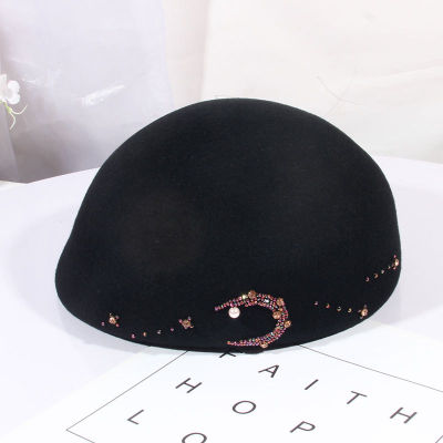 Winter Beret Hats For Women 100 Wool Felt Hat Pillbox Fascinator Cap Formal Beads Moon Berets Elegant Ladies Retro Painter
